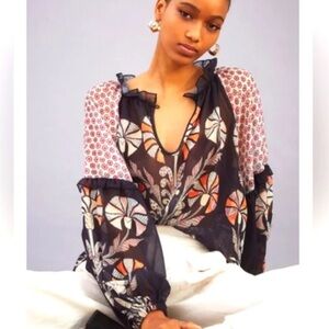 Forever That Girl Anthropologie Black and Orange Patterned Blouse